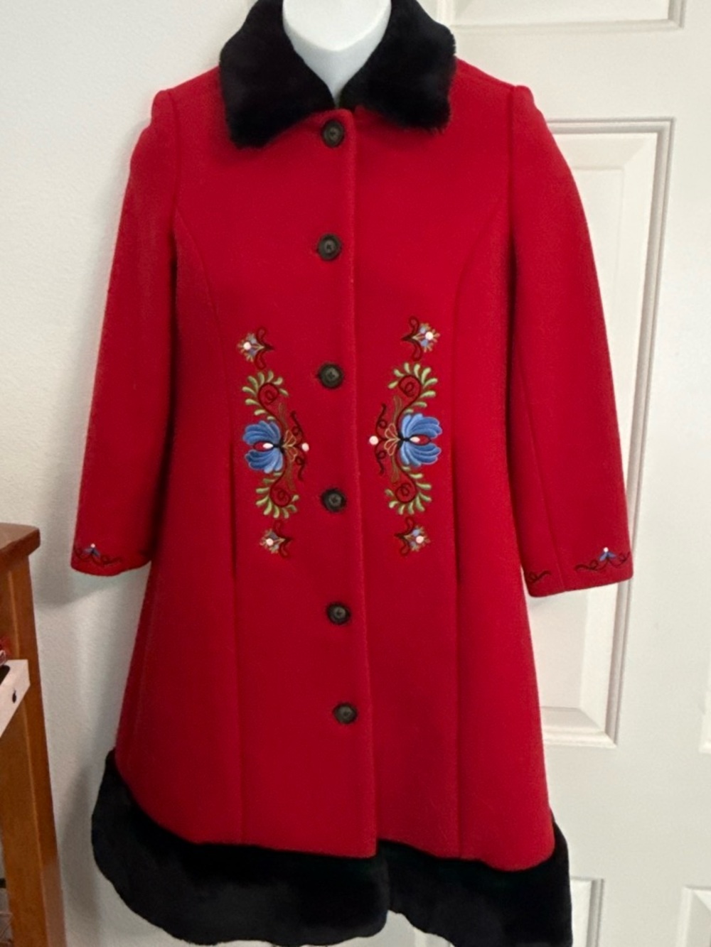 Hanna Andersson Red Trench Coat with Black Faux Fur Trim and Floral Embroidery